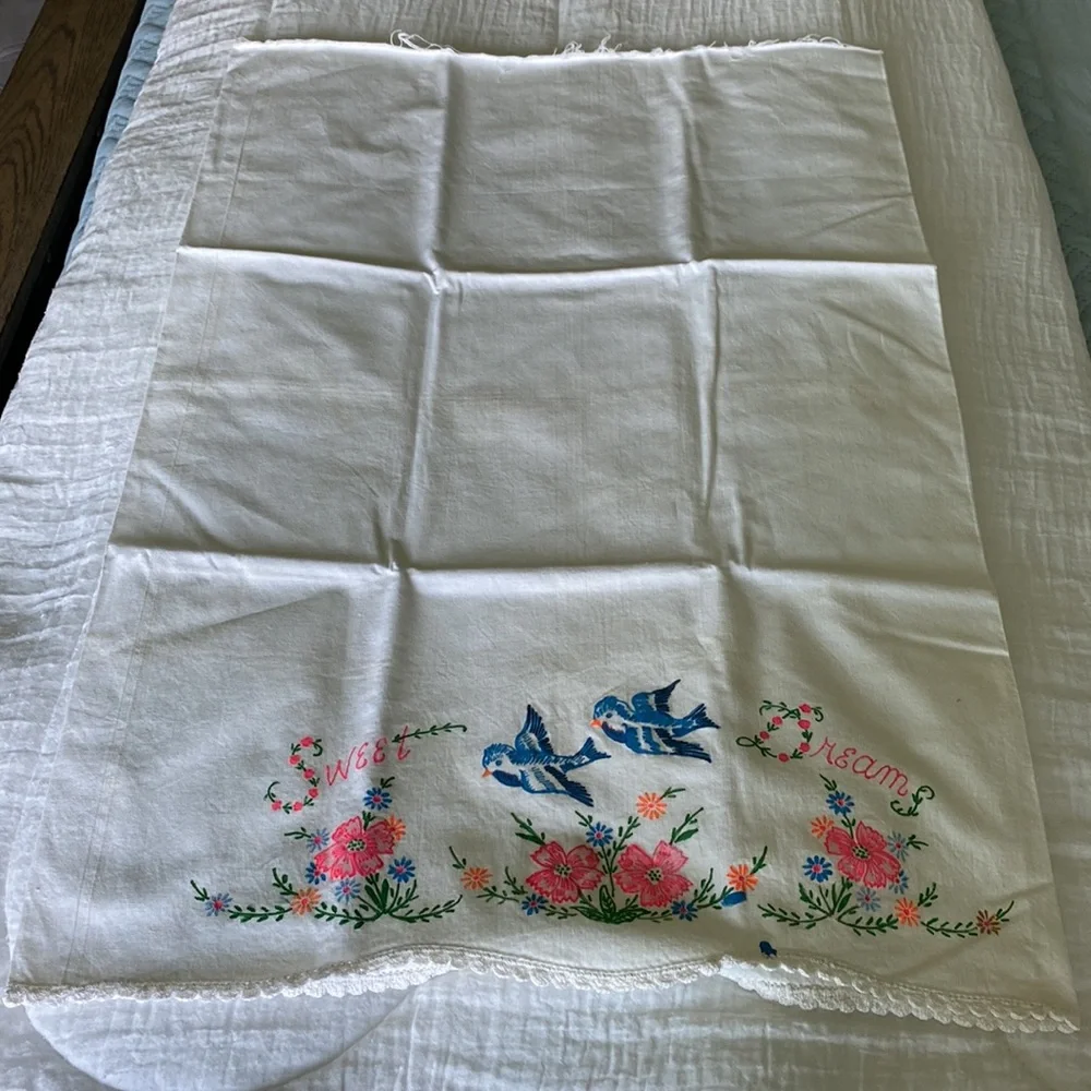 Vintage Pair Of Fabric Painted Bluebird Of Happiness Pillow Cases!